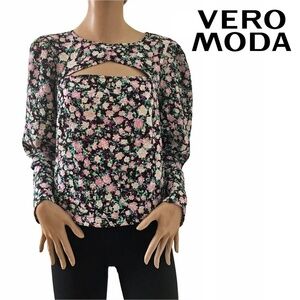 VERO MODA Floral Blouse Top Shirt Keyhole Cut Out Front Long Sleeve NWOT